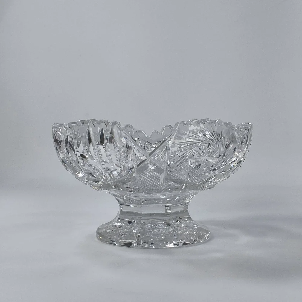 Vtg American Cut Glass Pedestal Bowl Pinwheel Starburst Sawtooth Footed Crystal
